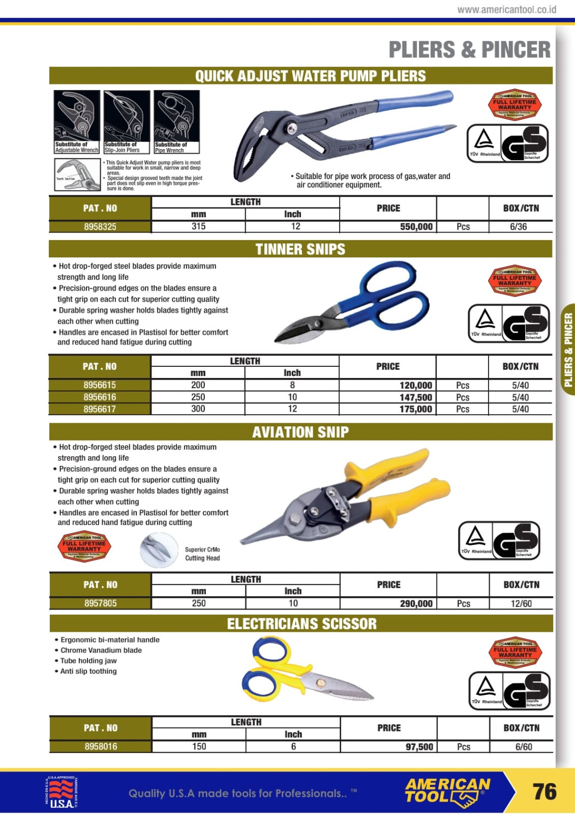 AMERICANTOOLS COMBINATION PLIER, DIAGONAL CUTTER, LOCKING PLIER , CARPENTER, AVIANTION SNIP AND HAND RIVETED - Gambar 3